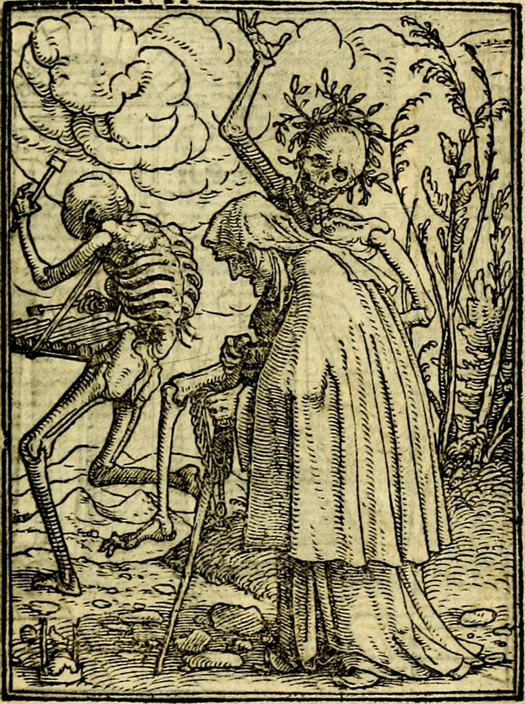 An illustration from Simolachri, historie, e figure de la morte. La medicina de l'anima [di Urbanus Rhegius] Il modo, e la via di consolar gl'infermi. Un sermone di San Cipriano, de la mortalità. Due orationi, l'una à Dio, e l'altra à Christo. Un sermone di D. Giovan Chrisostomo, che ci essorta à patienza. Aiuntovi de novo molte figure mai più stampate, 1549, leaf 66