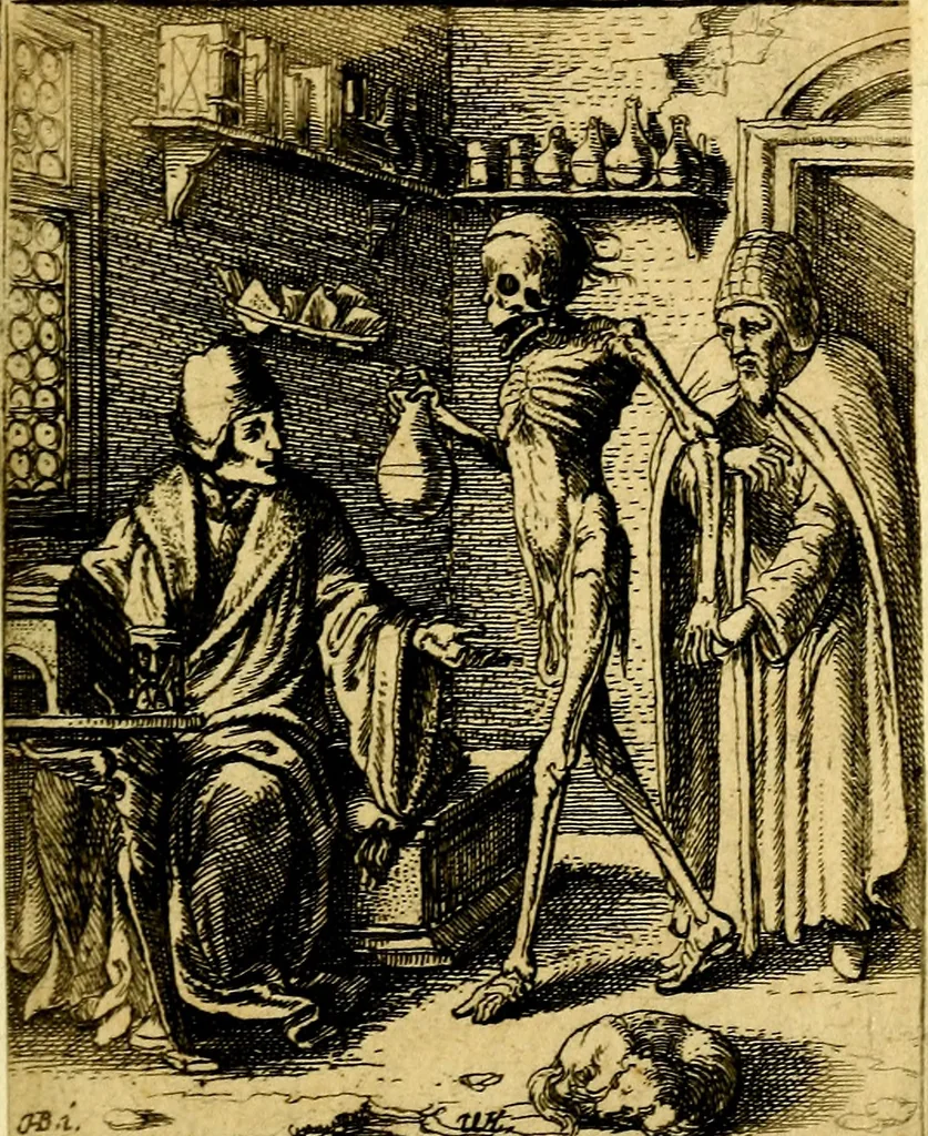An illustration from Simolachri, historie, e figure de la morte. La medicina de l'anima [di Urbanus Rhegius] Il modo, e la via di consolar gl'infermi. Un sermone di San Cipriano, de la mortalità. Due orationi, l'una à Dio, e l'altra à Christo. Un sermone di D. Giovan Chrisostomo, che ci essorta à patienza. Aiuntovi de novo molte figure mai più stampate, 1549, leaf 68