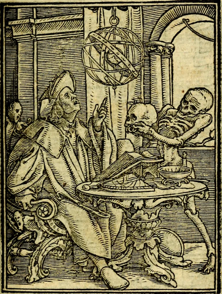 An illustration from Simolachri, historie, e figure de la morte. La medicina de l'anima [di Urbanus Rhegius] Il modo, e la via di consolar gl'infermi. Un sermone di San Cipriano, de la mortalità. Due orationi, l'una à Dio, e l'altra à Christo. Un sermone di D. Giovan Chrisostomo, che ci essorta à patienza. Aiuntovi de novo molte figure mai più stampate, 1549, leaf 70