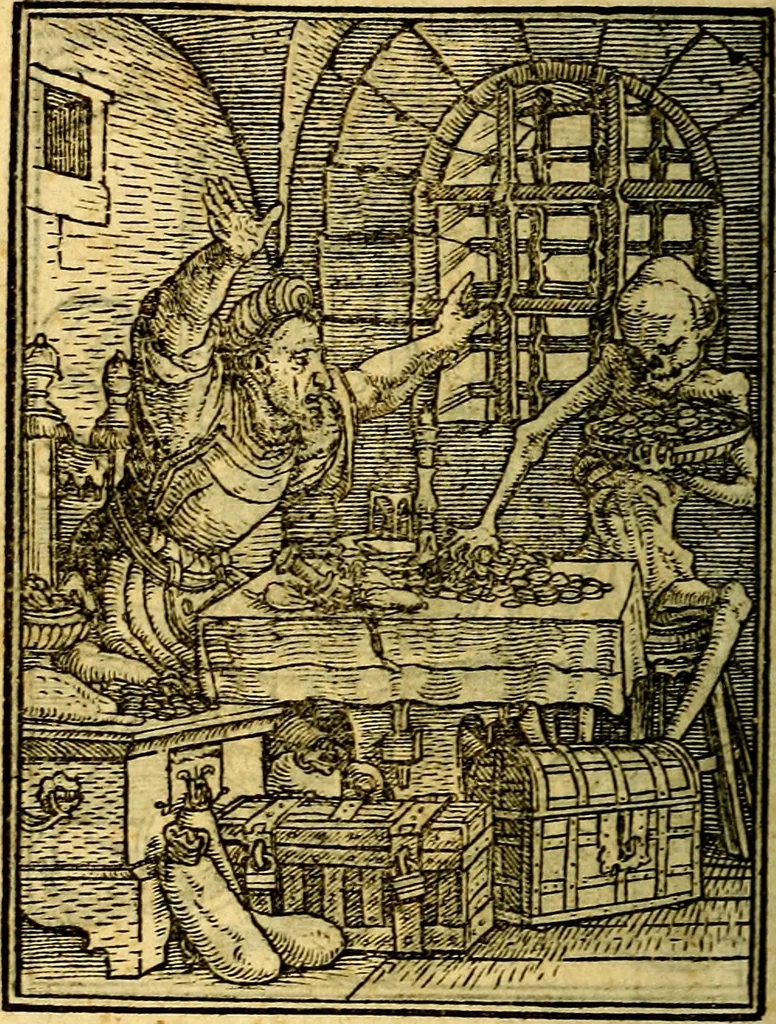 An illustration from Simolachri, historie, e figure de la morte. La medicina de l'anima [di Urbanus Rhegius] Il modo, e la via di consolar gl'infermi. Un sermone di San Cipriano, de la mortalità. Due orationi, l'una à Dio, e l'altra à Christo. Un sermone di D. Giovan Chrisostomo, che ci essorta à patienza. Aiuntovi de novo molte figure mai più stampate, 1549, leaf 71