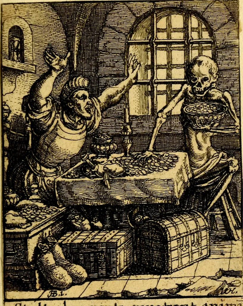 An illustration from Simolachri, historie, e figure de la morte. La medicina de l'anima [di Urbanus Rhegius] Il modo, e la via di consolar gl'infermi. Un sermone di San Cipriano, de la mortalità. Due orationi, l'una à Dio, e l'altra à Christo. Un sermone di D. Giovan Chrisostomo, che ci essorta à patienza. Aiuntovi de novo molte figure mai più stampate, 1549, leaf 72