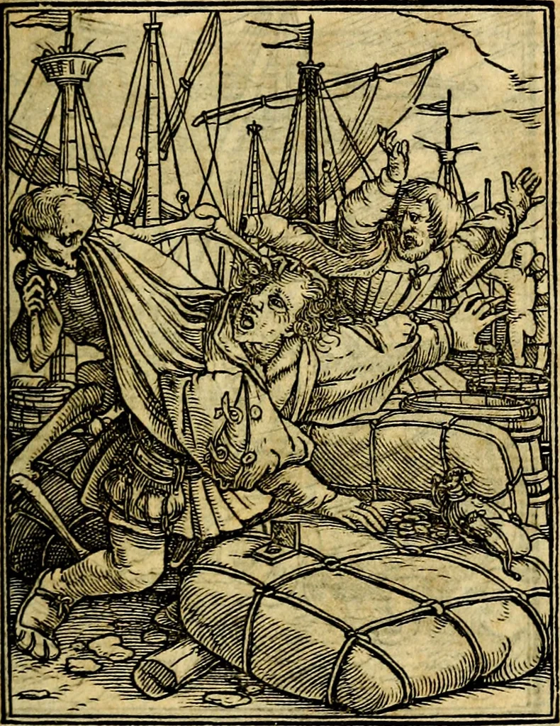 An illustration from Simolachri, historie, e figure de la morte. La medicina de l'anima [di Urbanus Rhegius] Il modo, e la via di consolar gl'infermi. Un sermone di San Cipriano, de la mortalità. Due orationi, l'una à Dio, e l'altra à Christo. Un sermone di D. Giovan Chrisostomo, che ci essorta à patienza. Aiuntovi de novo molte figure mai più stampate, 1549, leaf 76
