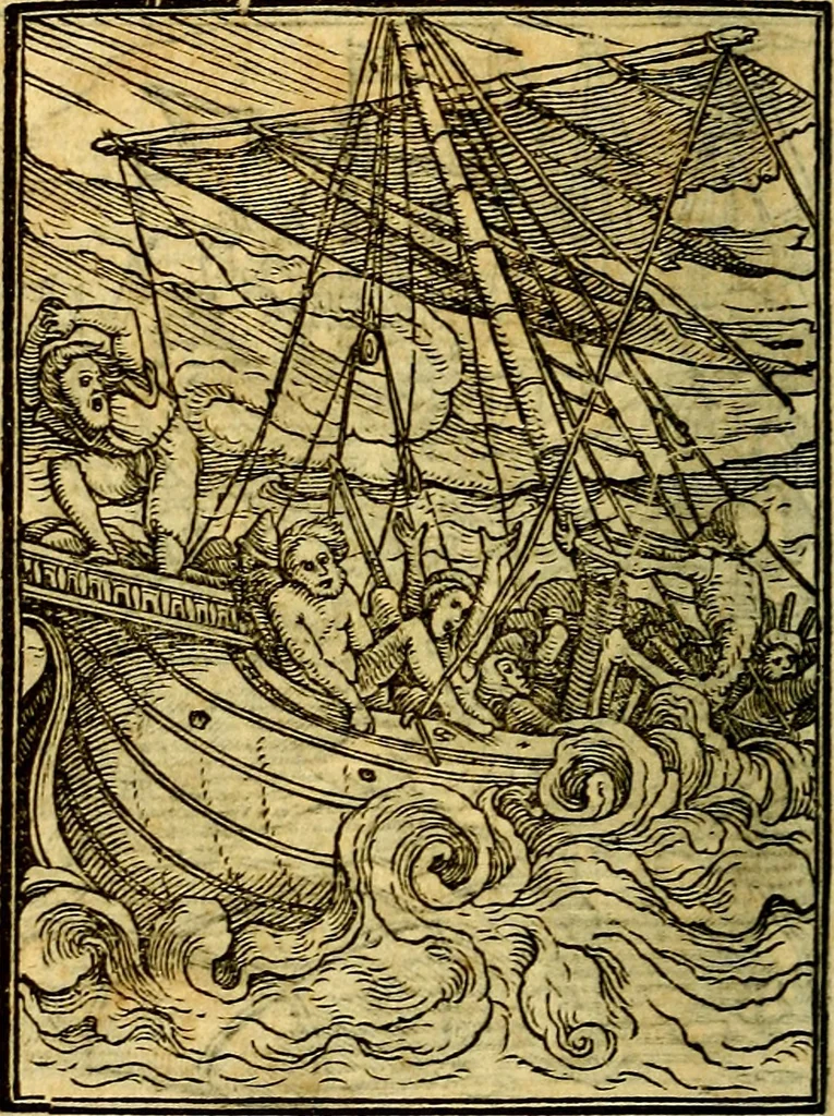 An illustration from Simolachri, historie, e figure de la morte. La medicina de l'anima [di Urbanus Rhegius] Il modo, e la via di consolar gl'infermi. Un sermone di San Cipriano, de la mortalità. Due orationi, l'una à Dio, e l'altra à Christo. Un sermone di D. Giovan Chrisostomo, che ci essorta à patienza. Aiuntovi de novo molte figure mai più stampate, 1549, leaf 77