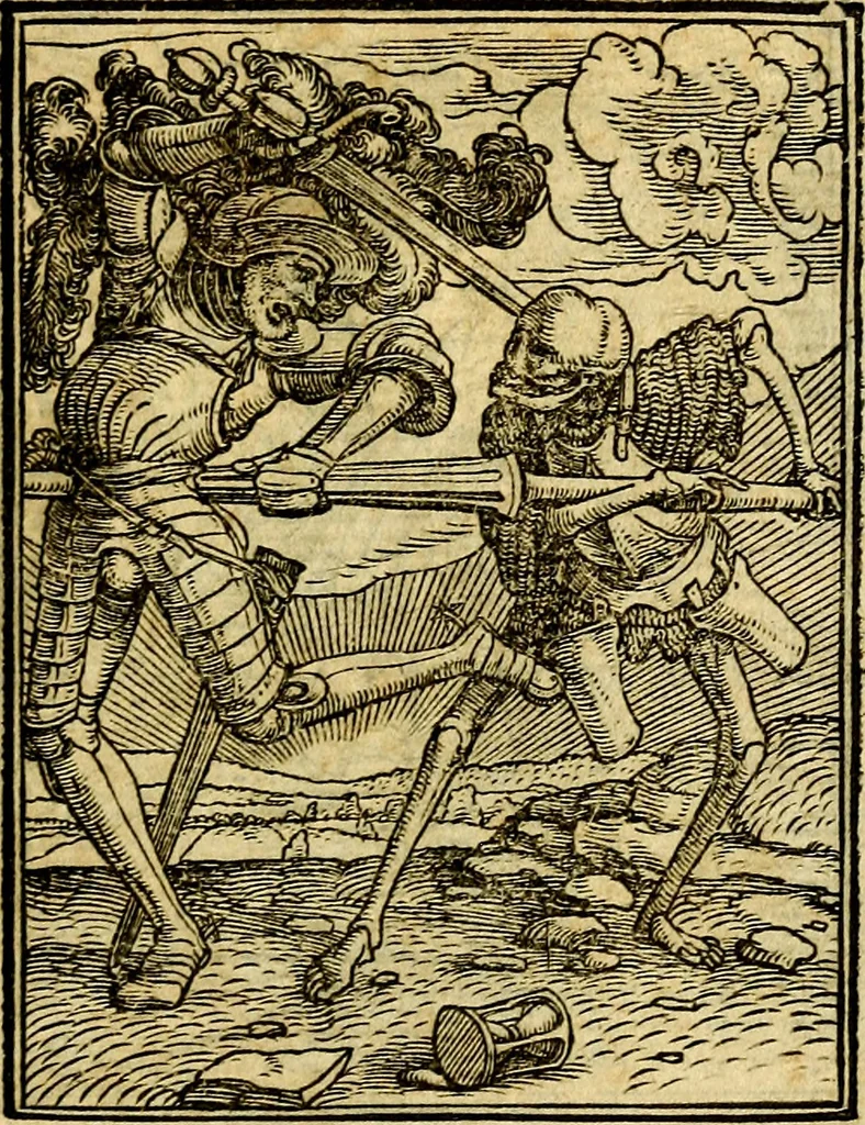 An illustration from Simolachri, historie, e figure de la morte. La medicina de l'anima [di Urbanus Rhegius] Il modo, e la via di consolar gl'infermi. Un sermone di San Cipriano, de la mortalità. Due orationi, l'una à Dio, e l'altra à Christo. Un sermone di D. Giovan Chrisostomo, che ci essorta à patienza. Aiuntovi de novo molte figure mai più stampate, 1549, leaf 78