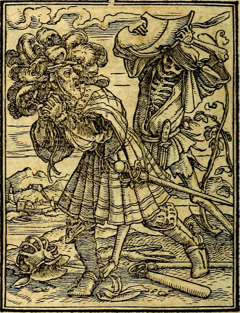 An illustration from Simolachri, historie, e figure de la morte. La medicina de l'anima [di Urbanus Rhegius] Il modo, e la via di consolar gl'infermi. Un sermone di San Cipriano, de la mortalità. Due orationi, l'una à Dio, e l'altra à Christo. Un sermone di D. Giovan Chrisostomo, che ci essorta à patienza. Aiuntovi de novo molte figure mai più stampate, 1549, leaf 79