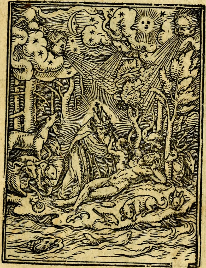 An illustration from Simolachri, historie, e figure de la morte. La medicina de l'anima [di Urbanus Rhegius] Il modo, e la via di consolar gl'infermi. Un sermone di San Cipriano, de la mortalità. Due orationi, l'una à Dio, e l'altra à Christo. Un sermone di D. Giovan Chrisostomo, che ci essorta à patienza. Aiuntovi de novo molte figure mai più stampate, 1549, leaf 8