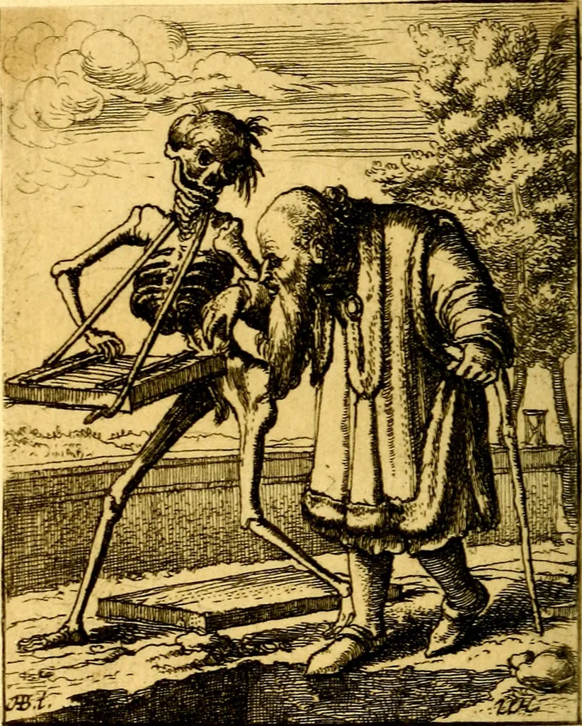 An illustration from Simolachri, historie, e figure de la morte. La medicina de l'anima [di Urbanus Rhegius] Il modo, e la via di consolar gl'infermi. Un sermone di San Cipriano, de la mortalità. Due orationi, l'una à Dio, e l'altra à Christo. Un sermone di D. Giovan Chrisostomo, che ci essorta à patienza. Aiuntovi de novo molte figure mai più stampate, 1549, leaf 83