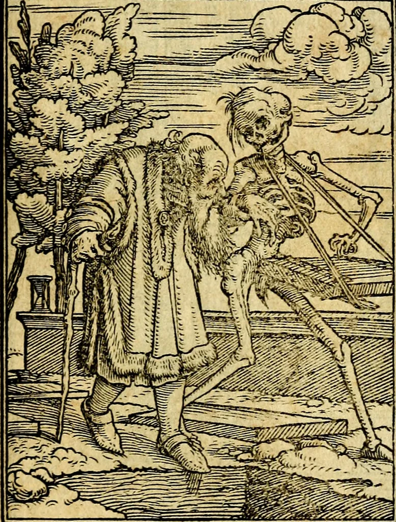 An illustration from Simolachri, historie, e figure de la morte. La medicina de l'anima [di Urbanus Rhegius] Il modo, e la via di consolar gl'infermi. Un sermone di San Cipriano, de la mortalità. Due orationi, l'una à Dio, e l'altra à Christo. Un sermone di D. Giovan Chrisostomo, che ci essorta à patienza. Aiuntovi de novo molte figure mai più stampate, 1549, leaf 84