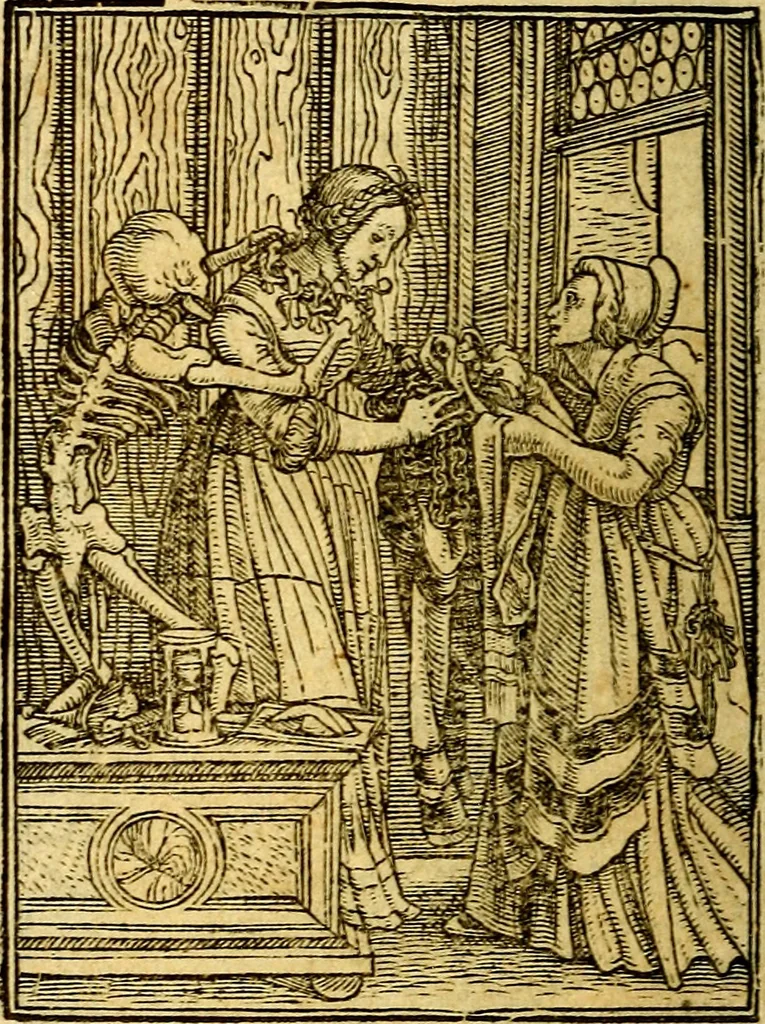An illustration from Simolachri, historie, e figure de la morte. La medicina de l'anima [di Urbanus Rhegius] Il modo, e la via di consolar gl'infermi. Un sermone di San Cipriano, de la mortalità. Due orationi, l'una à Dio, e l'altra à Christo. Un sermone di D. Giovan Chrisostomo, che ci essorta à patienza. Aiuntovi de novo molte figure mai più stampate, 1549, leaf 85