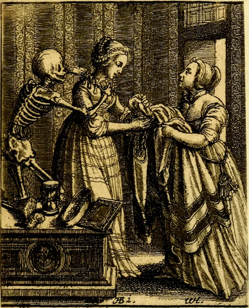 An illustration from Simolachri, historie, e figure de la morte. La medicina de l'anima [di Urbanus Rhegius] Il modo, e la via di consolar gl'infermi. Un sermone di San Cipriano, de la mortalità. Due orationi, l'una à Dio, e l'altra à Christo. Un sermone di D. Giovan Chrisostomo, che ci essorta à patienza. Aiuntovi de novo molte figure mai più stampate, 1549, leaf 86