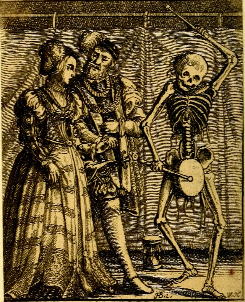 An illustration from Simolachri, historie, e figure de la morte. La medicina de l'anima [di Urbanus Rhegius] Il modo, e la via di consolar gl'infermi. Un sermone di San Cipriano, de la mortalità. Due orationi, l'una à Dio, e l'altra à Christo. Un sermone di D. Giovan Chrisostomo, che ci essorta à patienza. Aiuntovi de novo molte figure mai più stampate, 1549, leaf 89