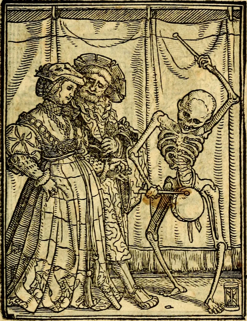 An illustration from Simolachri, historie, e figure de la morte. La medicina de l'anima [di Urbanus Rhegius] Il modo, e la via di consolar gl'infermi. Un sermone di San Cipriano, de la mortalità. Due orationi, l'una à Dio, e l'altra à Christo. Un sermone di D. Giovan Chrisostomo, che ci essorta à patienza. Aiuntovi de novo molte figure mai più stampate, 1549, leaf 90