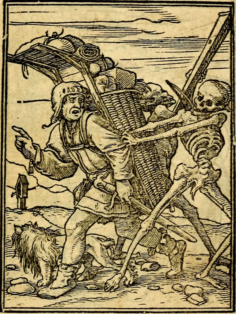 An illustration from Simolachri, historie, e figure de la morte. La medicina de l'anima [di Urbanus Rhegius] Il modo, e la via di consolar gl'infermi. Un sermone di San Cipriano, de la mortalità. Due orationi, l'una à Dio, e l'altra à Christo. Un sermone di D. Giovan Chrisostomo, che ci essorta à patienza. Aiuntovi de novo molte figure mai più stampate, 1549, leaf 94