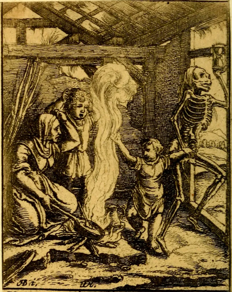 An illustration from Simolachri, historie, e figure de la morte. La medicina de l'anima [di Urbanus Rhegius] Il modo, e la via di consolar gl'infermi. Un sermone di San Cipriano, de la mortalità. Due orationi, l'una à Dio, e l'altra à Christo. Un sermone di D. Giovan Chrisostomo, che ci essorta à patienza. Aiuntovi de novo molte figure mai più stampate, 1549, leaf 97
