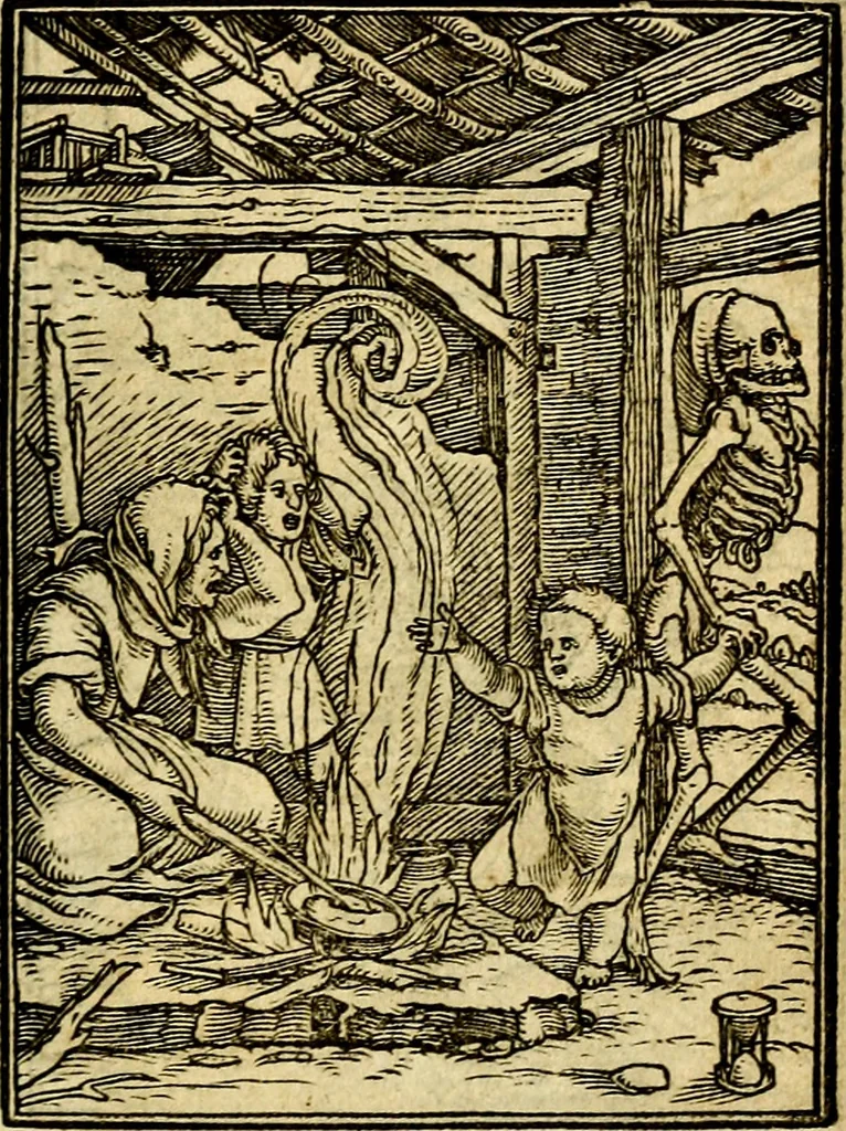 An illustration from Simolachri, historie, e figure de la morte. La medicina de l'anima [di Urbanus Rhegius] Il modo, e la via di consolar gl'infermi. Un sermone di San Cipriano, de la mortalità. Due orationi, l'una à Dio, e l'altra à Christo. Un sermone di D. Giovan Chrisostomo, che ci essorta à patienza. Aiuntovi de novo molte figure mai più stampate, 1549, leaf 98