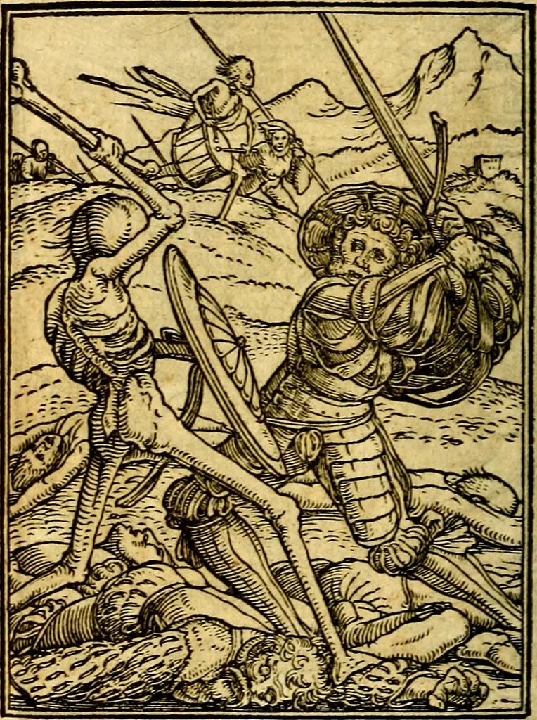 An illustration from Simolachri, historie, e figure de la morte. La medicina de l'anima [di Urbanus Rhegius] Il modo, e la via di consolar gl'infermi. Un sermone di San Cipriano, de la mortalità. Due orationi, l'una à Dio, e l'altra à Christo. Un sermone di D. Giovan Chrisostomo, che ci essorta à patienza. Aiuntovi de novo molte figure mai più stampate, 1549, leaf 99