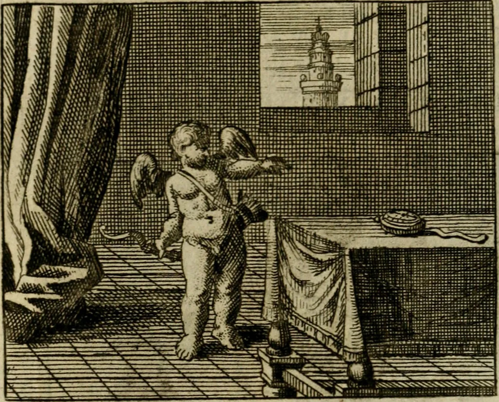 An illustration from Sinne- en minne-beelden ; Selfstryt ; Tooneel der mannelyke agtbaarheydt ; Galathea of Herderskalsgt ; Klagende maegden : en andere mengelrymen, 1779, leaf 191