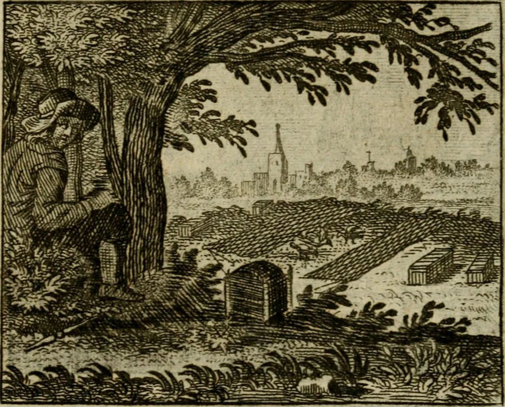 An illustration from Sinne- en minne-beelden ; Selfstryt ; Tooneel der mannelyke agtbaarheydt ; Galathea of Herderskalsgt ; Klagende maegden : en andere mengelrymen, 1779, leaf 201