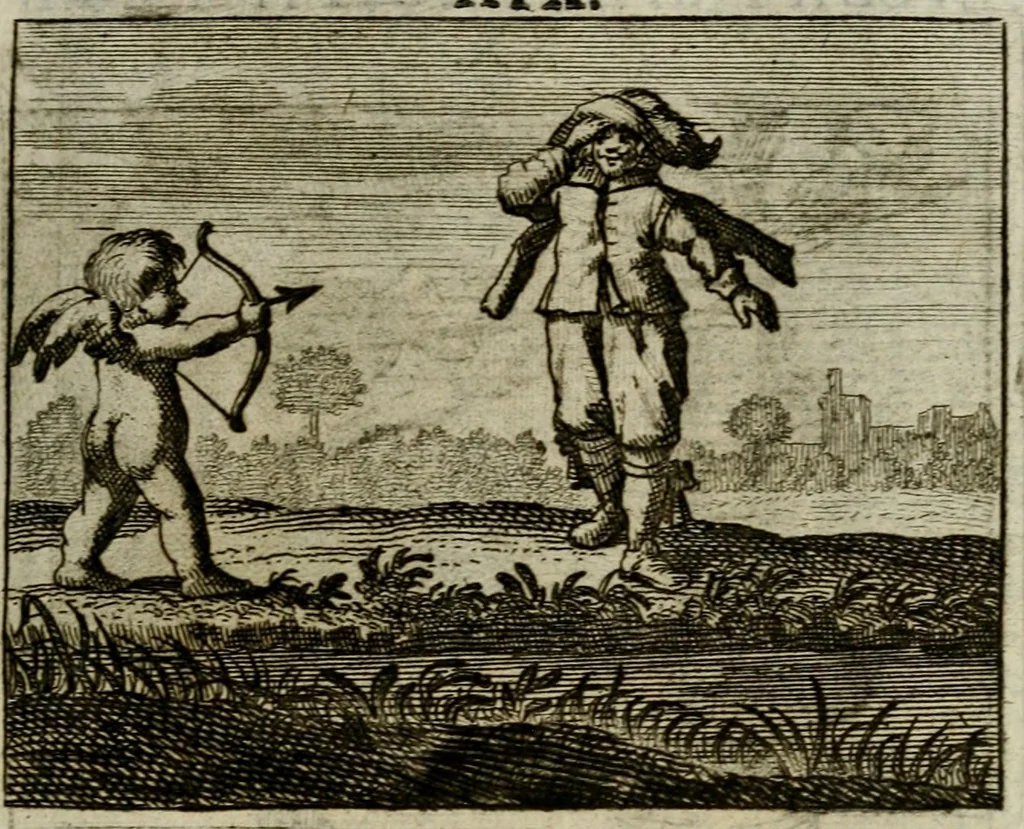 An illustration from Sinne- en minne-beelden ; Selfstryt ; Tooneel der mannelyke agtbaarheydt ; Galathea of Herderskalsgt ; Klagende maegden : en andere mengelrymen, 1779, leaf 208