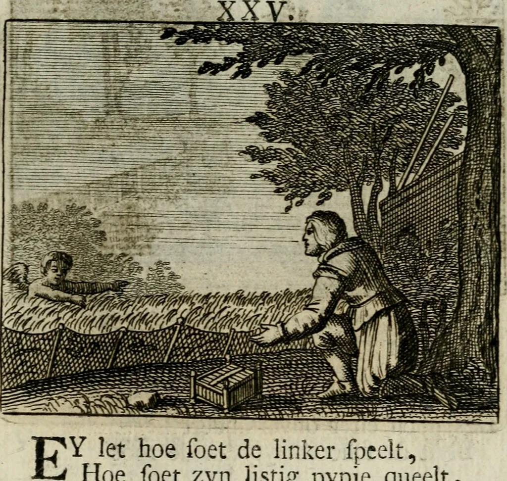 An illustration from Sinne- en minne-beelden ; Selfstryt ; Tooneel der mannelyke agtbaarheydt ; Galathea of Herderskalsgt ; Klagende maegden : en andere mengelrymen, 1779, leaf 214