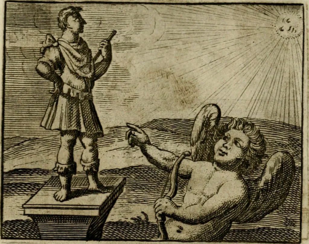 An illustration from Sinne- en minne-beelden ; Selfstryt ; Tooneel der mannelyke agtbaarheydt ; Galathea of Herderskalsgt ; Klagende maegden : en andere mengelrymen, 1779, leaf 229