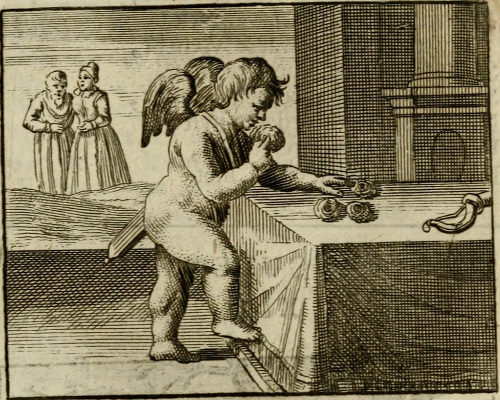 An illustration from Sinne- en minne-beelden ; Selfstryt ; Tooneel der mannelyke agtbaarheydt ; Galathea of Herderskalsgt ; Klagende maegden : en andere mengelrymen, 1779, leaf 232