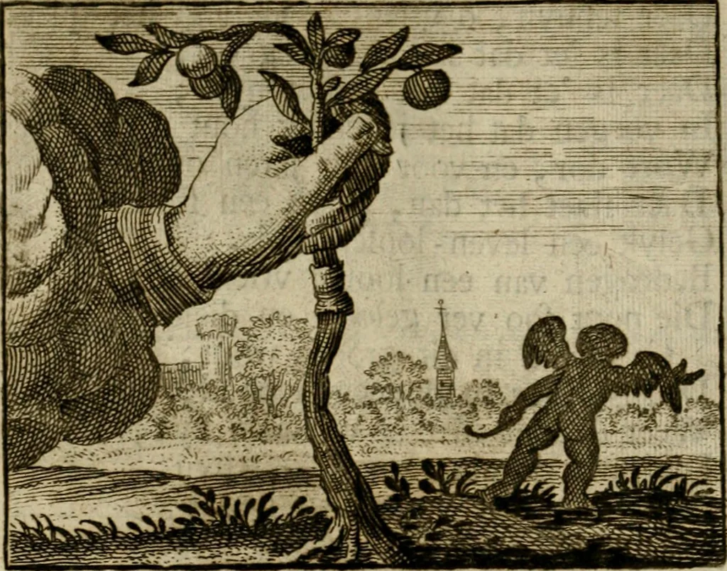 An illustration from Sinne- en minne-beelden ; Selfstryt ; Tooneel der mannelyke agtbaarheydt ; Galathea of Herderskalsgt ; Klagende maegden : en andere mengelrymen, 1779, leaf 235