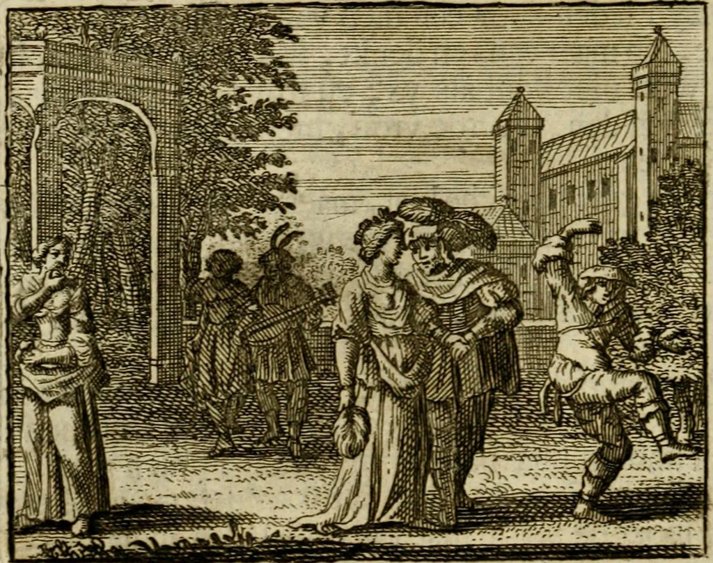 An illustration from Sinne- en minne-beelden ; Selfstryt ; Tooneel der mannelyke agtbaarheydt ; Galathea of Herderskalsgt ; Klagende maegden : en andere mengelrymen, 1779, leaf 335