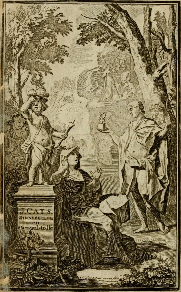An illustration from Sinne- en minne-beelden ; Selfstryt ; Tooneel der mannelyke agtbaarheydt ; Galathea of Herderskalsgt ; Klagende maegden : en andere mengelrymen, 1779, leaf 4