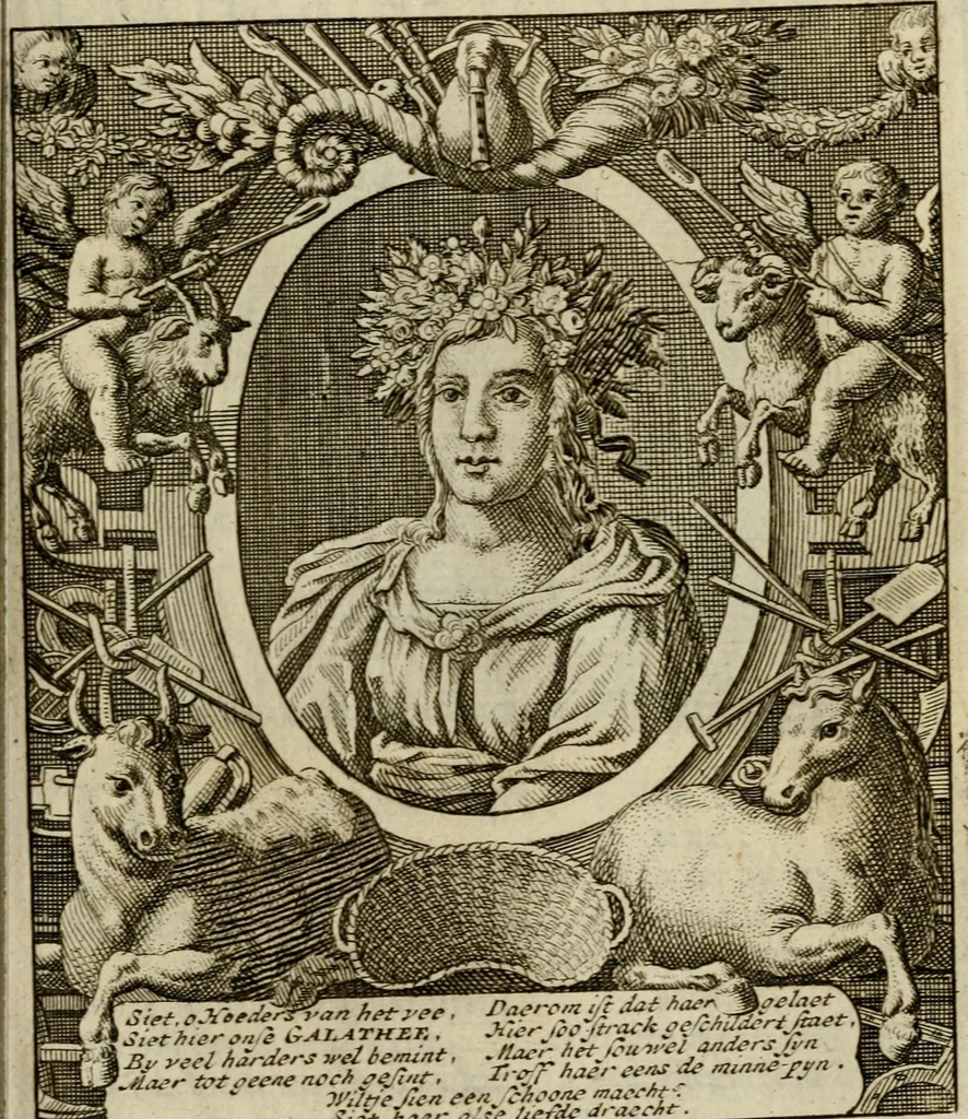 An illustration from Sinne- en minne-beelden ; Selfstryt ; Tooneel der mannelyke agtbaarheydt ; Galathea of Herderskalsgt ; Klagende maegden : en andere mengelrymen, 1779, leaf 484