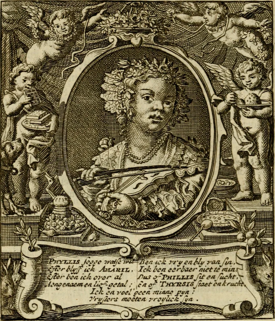 An illustration from Sinne- en minne-beelden ; Selfstryt ; Tooneel der mannelyke agtbaarheydt ; Galathea of Herderskalsgt ; Klagende maegden : en andere mengelrymen, 1779, leaf 517