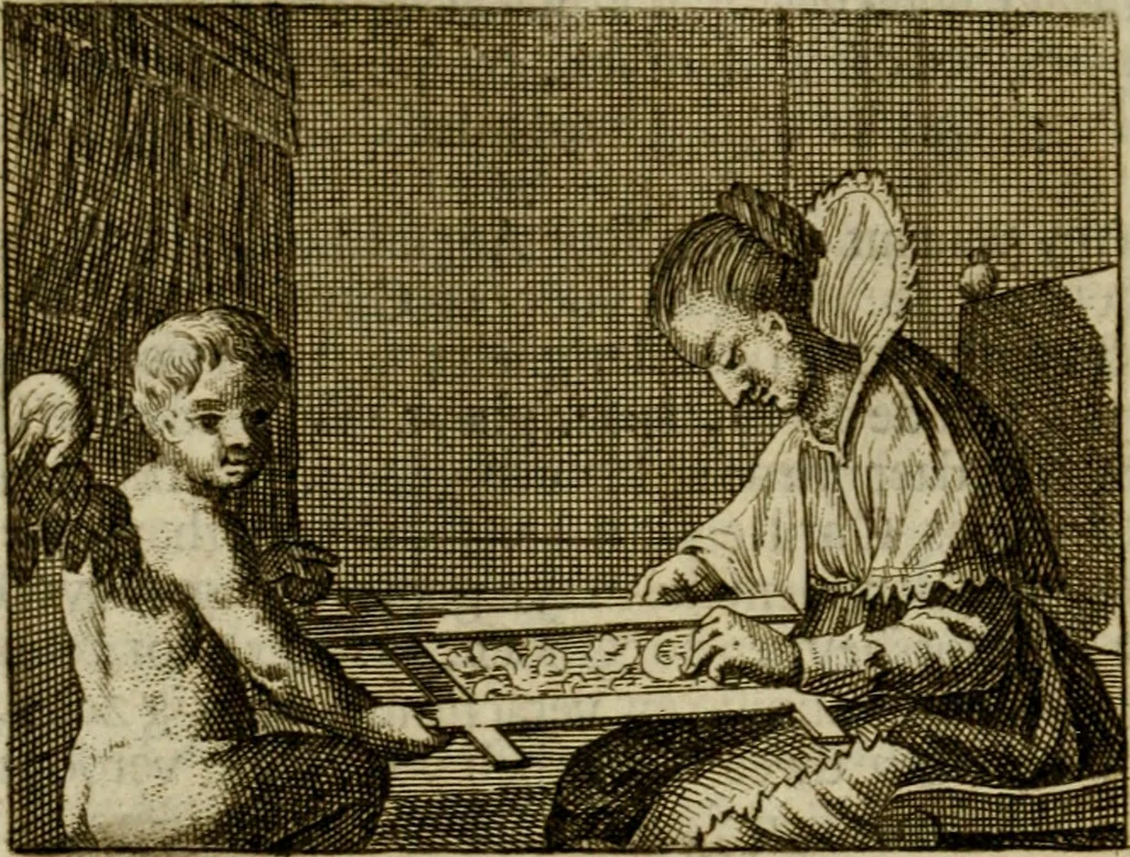 An illustration from Sinne- en minne-beelden ; Selfstryt ; Tooneel der mannelyke agtbaarheydt ; Galathea of Herderskalsgt ; Klagende maegden : en andere mengelrymen, 1779, leaf 55