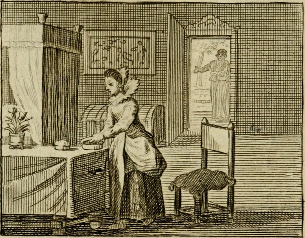 An illustration from Sinne- en minne-beelden ; Selfstryt ; Tooneel der mannelyke agtbaarheydt ; Galathea of Herderskalsgt ; Klagende maegden : en andere mengelrymen, 1779, leaf 91