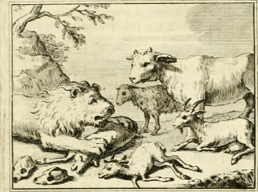 An illustration from Sinryke fabulen : verklaart en toegepast tot alderley zeede-lessen, dienstig om waargenoomen te werden in het menschelijke en burgerlijke leeven, 1685, leaf 102