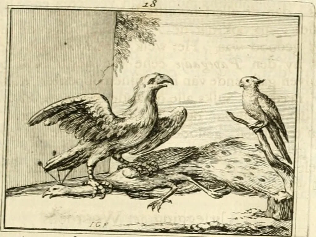 An illustration from Sinryke fabulen : verklaart en toegepast tot alderley zeede-lessen, dienstig om waargenoomen te werden in het menschelijke en burgerlijke leeven, 1685, leaf 110