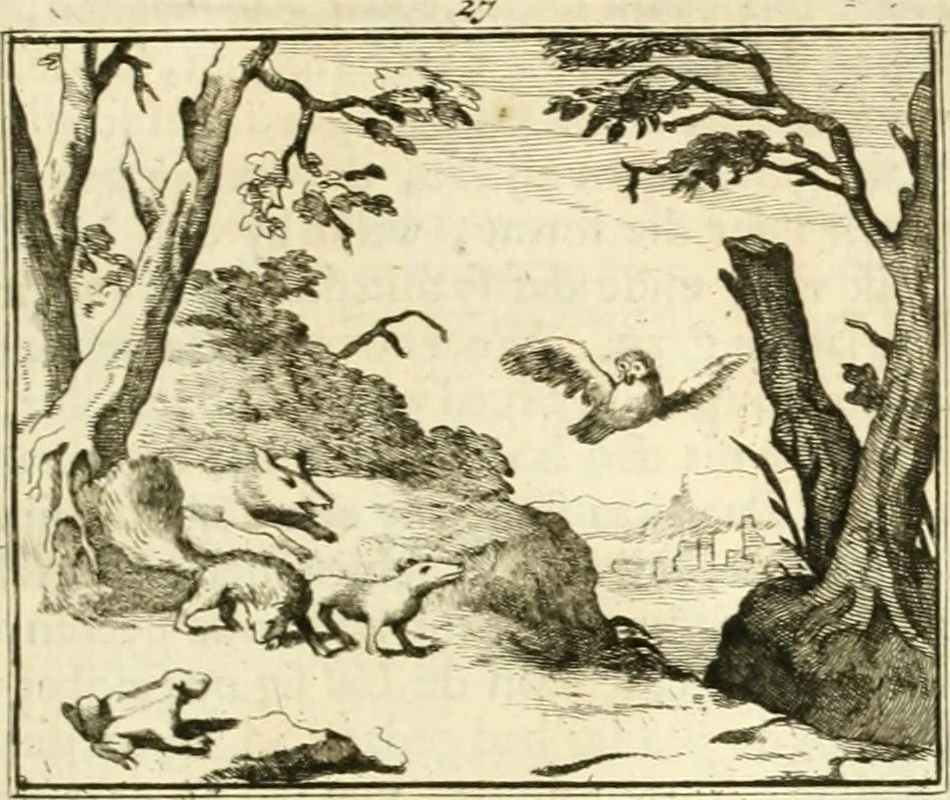 An illustration from Sinryke fabulen : verklaart en toegepast tot alderley zeede-lessen, dienstig om waargenoomen te werden in het menschelijke en burgerlijke leeven, 1685, leaf 158