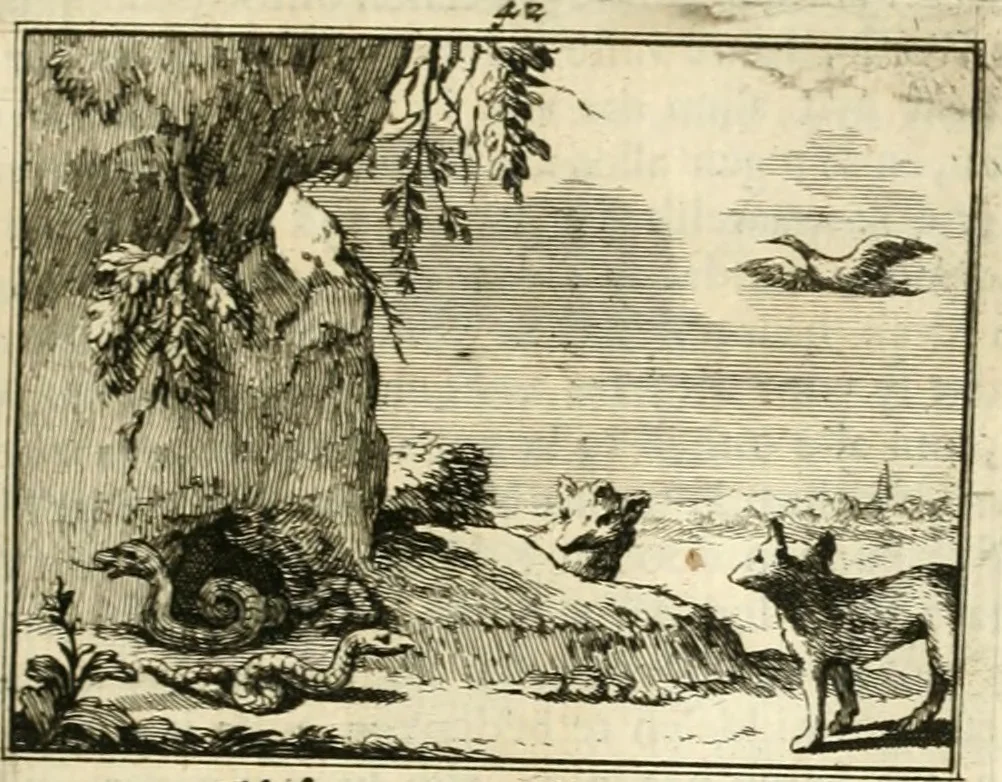 An illustration from Sinryke fabulen : verklaart en toegepast tot alderley zeede-lessen, dienstig om waargenoomen te werden in het menschelijke en burgerlijke leeven, 1685, leaf 244