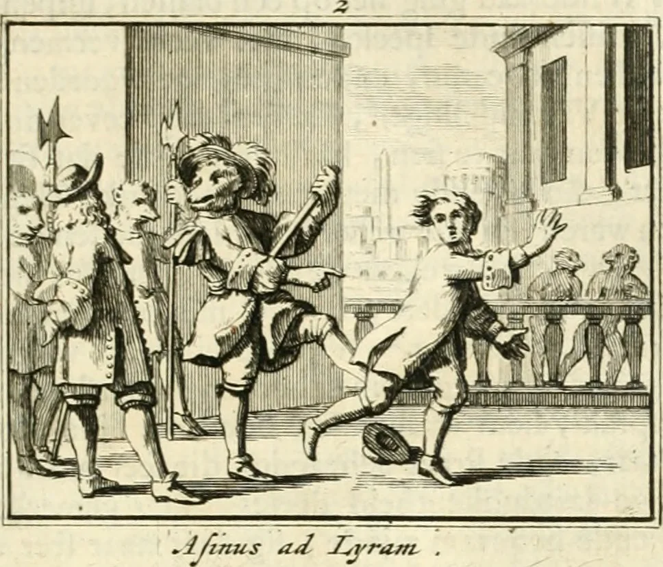 An illustration from Sinryke fabulen : verklaart en toegepast tot alderley zeede-lessen, dienstig om waargenoomen te werden in het menschelijke en burgerlijke leeven, 1685, leaf 32