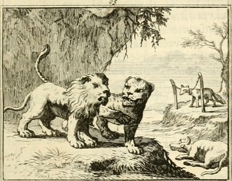 An illustration from Sinryke fabulen : verklaart en toegepast tot alderley zeede-lessen, dienstig om waargenoomen te werden in het menschelijke en burgerlijke leeven, 1685, leaf 404