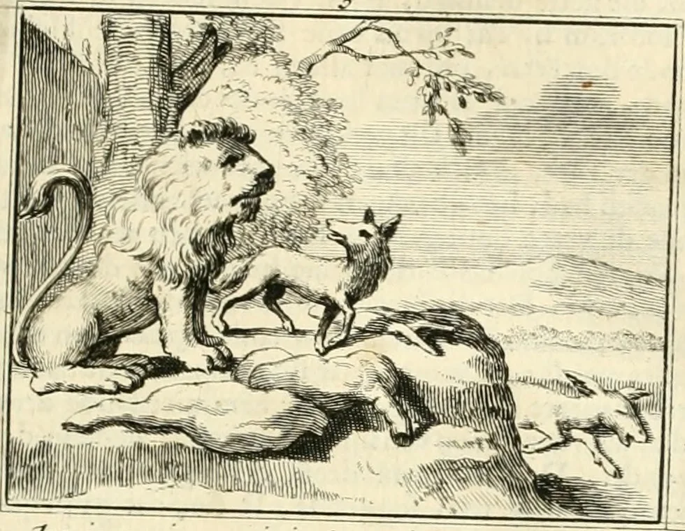 An illustration from Sinryke fabulen : verklaart en toegepast tot alderley zeede-lessen, dienstig om waargenoomen te werden in het menschelijke en burgerlijke leeven, 1685, leaf 48