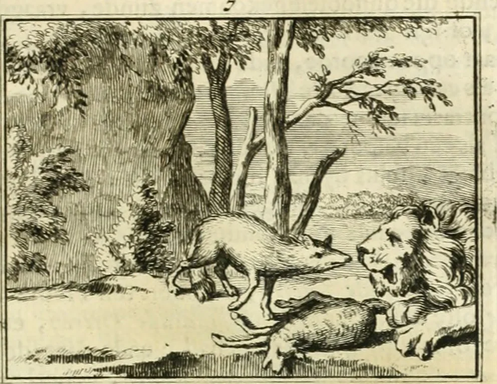 An illustration from Sinryke fabulen : verklaart en toegepast tot alderley zeede-lessen, dienstig om waargenoomen te werden in het menschelijke en burgerlijke leeven, 1685, leaf 58