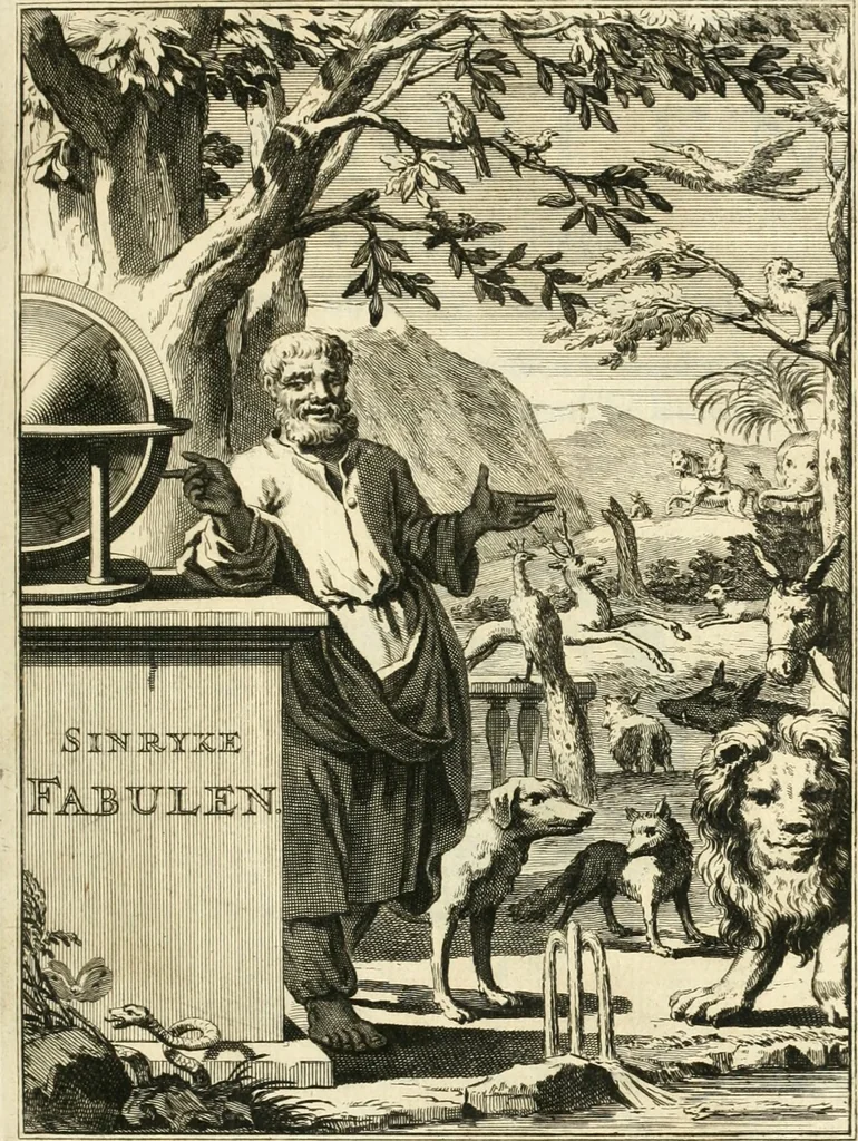 An illustration from Sinryke fabulen : verklaart en toegepast tot alderley zeede-lessen, dienstig om waargenoomen te werden in het menschelijke en burgerlijke leeven, 1685, leaf 6