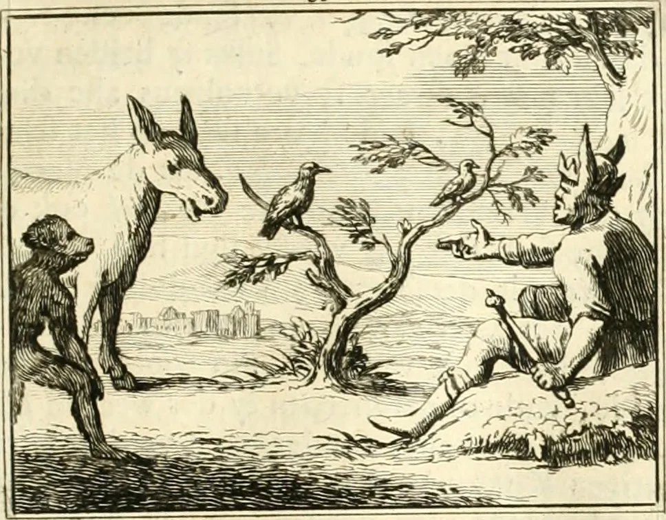 An illustration from Sinryke fabulen : verklaart en toegepast tot alderley zeede-lessen, dienstig om waargenoomen te werden in het menschelijke en burgerlijke leeven, 1685, leaf 600