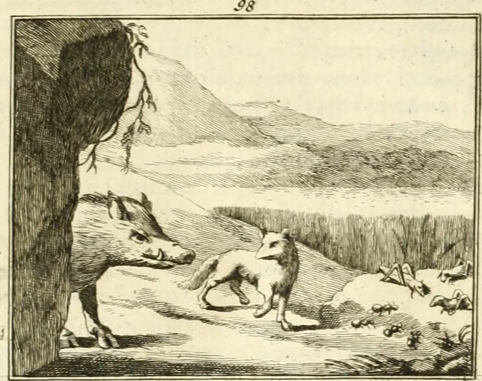 An illustration from Sinryke fabulen : verklaart en toegepast tot alderley zeede-lessen, dienstig om waargenoomen te werden in het menschelijke en burgerlijke leeven, 1685, leaf 720