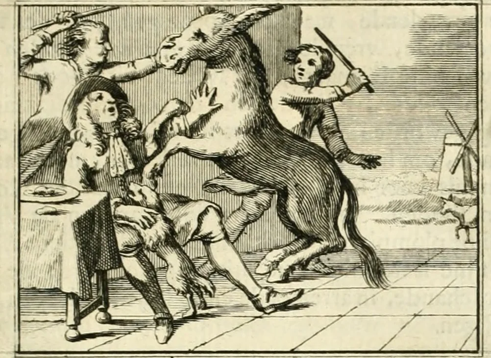 An illustration from Sinryke fabulen : verklaart en toegepast tot alderley zeede-lessen, dienstig om waargenoomen te werden in het menschelijke en burgerlijke leeven, 1685, leaf 76