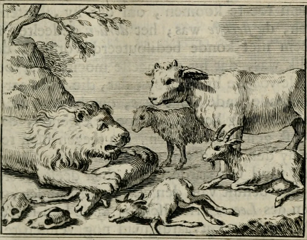 An illustration from Sinryke fabulen : verklaart en toegepast tot alderley zeede-lessen, dienstig om waargenoomen te werden in het menschelijke en burgerlijke leeven, 1685, leaf 102