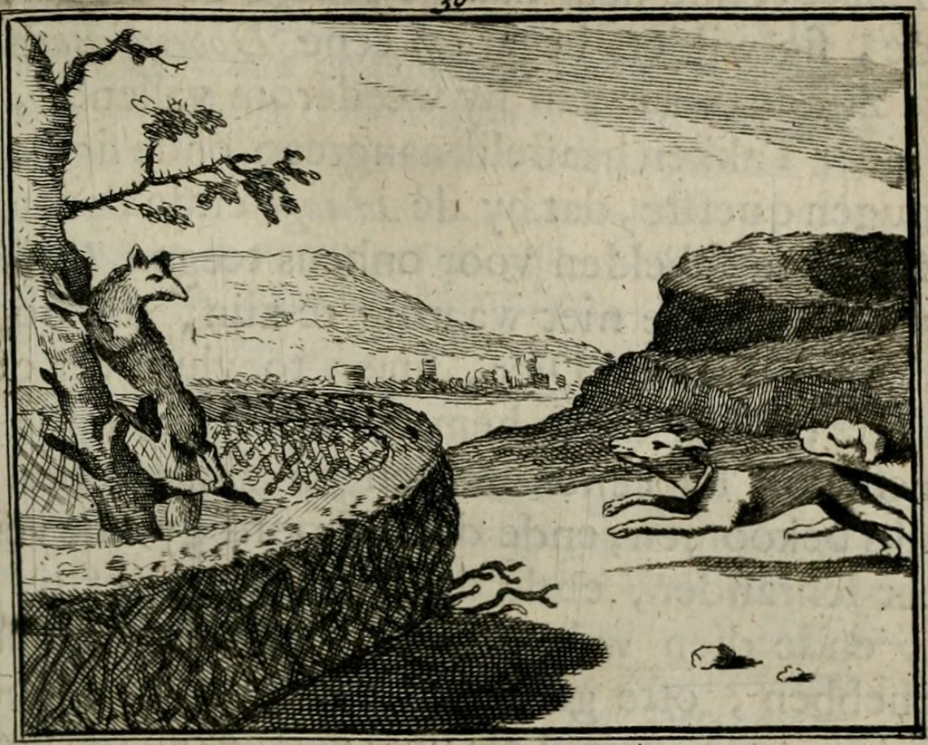 An illustration from Sinryke fabulen : verklaart en toegepast tot alderley zeede-lessen, dienstig om waargenoomen te werden in het menschelijke en burgerlijke leeven, 1685, leaf 174