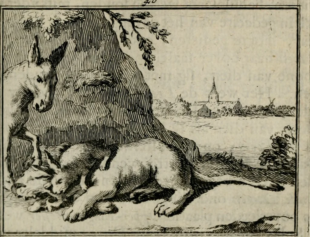 An illustration from Sinryke fabulen : verklaart en toegepast tot alderley zeede-lessen, dienstig om waargenoomen te werden in het menschelijke en burgerlijke leeven, 1685, leaf 232