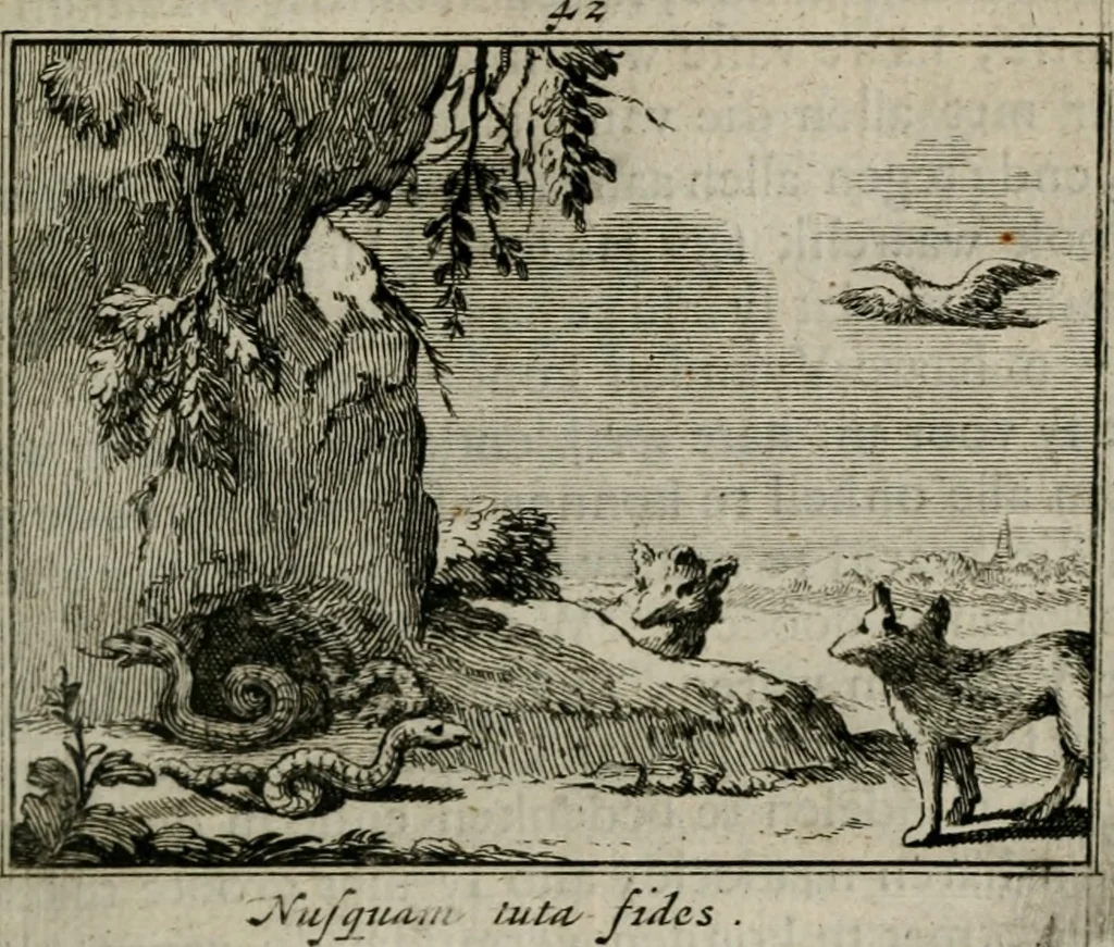 An illustration from Sinryke fabulen : verklaart en toegepast tot alderley zeede-lessen, dienstig om waargenoomen te werden in het menschelijke en burgerlijke leeven, 1685, leaf 244