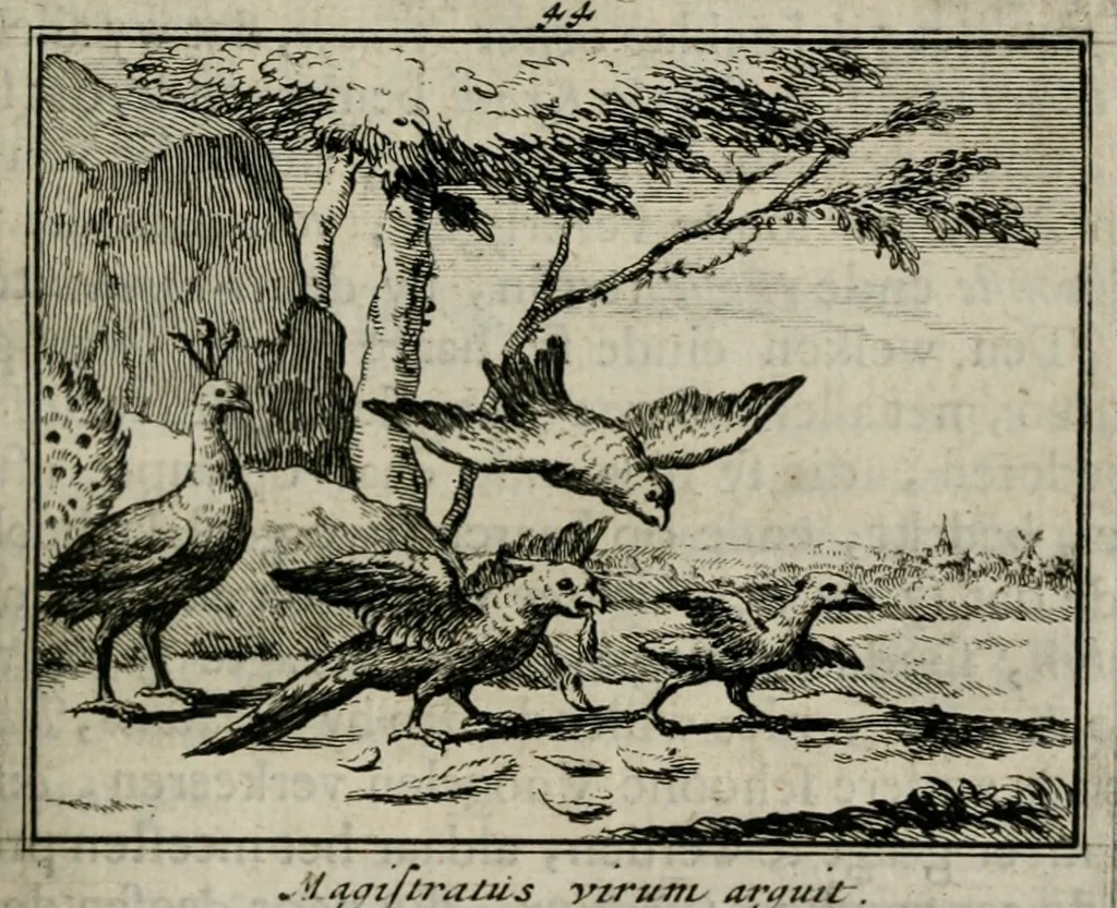 An illustration from Sinryke fabulen : verklaart en toegepast tot alderley zeede-lessen, dienstig om waargenoomen te werden in het menschelijke en burgerlijke leeven, 1685, leaf 256